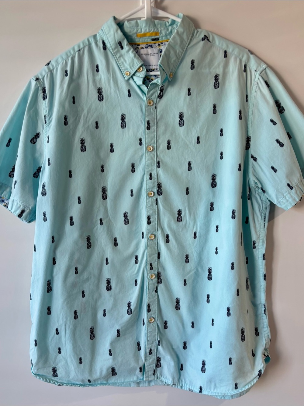 Denim & Flower Ricky Singh Pineapple Print Button Up Shirt XL Aqua